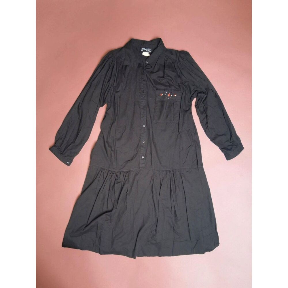 Vintage 80s Chez Designed by Tandi Drop Waist Black Shirtdress - 14W - Pockets
